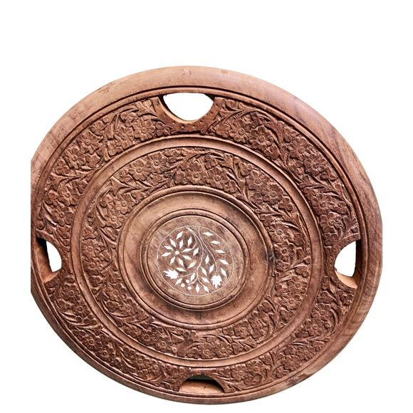 Carved Wood Tray with Inlaid Mother of Pearl Flowers 14.5" - Picture 3 of 7